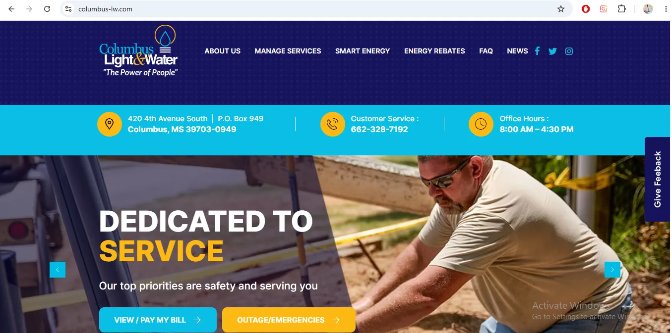 Columbus Light and Water official website payment app and contact information for Columbus MS customers
